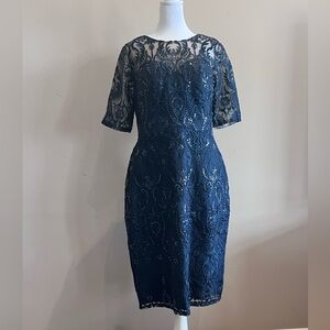 JJs House Dark Navy 1/2 Sleeve Lace Sequin Cocktail Dress Size 12